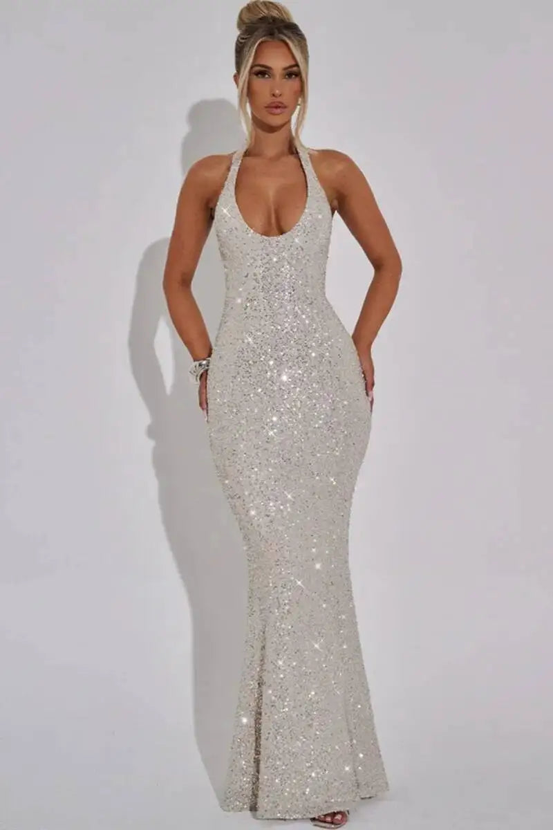 Giyu Sexy Sequined Mesh Diamond Club Evening Party Dresses Women 2025 Summer Autumn Sleeveless Backless Bodycon Maxi Long Dress