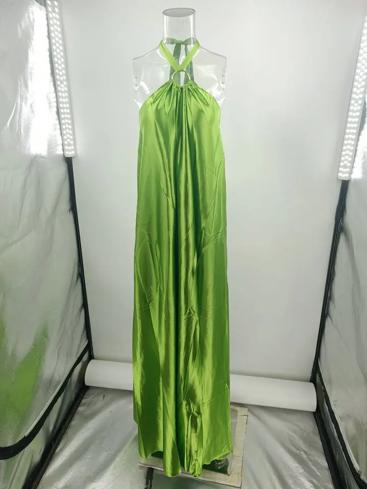 Party Dresses For Women Loose Halter Neck Leace-up Backless Sexy Satin Evening Dress A-line Summer New Fashion Elegant Vacation