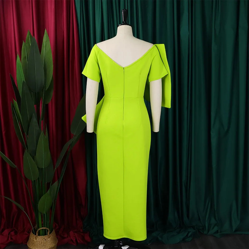 Elegant Party Dresses for Woman 2024 New V Neck Short Sleeve Big Bow Decorate Sheath Side Split Ankle Length Luxury Party Dress