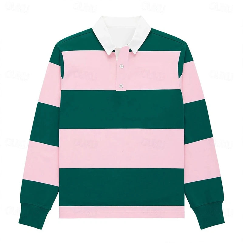 Simple Fashion Striped Polo Shirts For Men Casual Autumn Long Sleeve 3D Printed Golf Polo Shirt Loose Breathable Lapel Tops