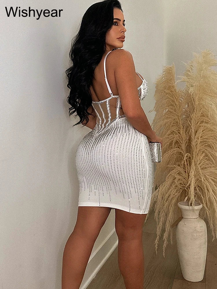 Elegant Evening Birthday Party Dresses for Women Halter Neck Mesh Patchwork Diamonds Rhinestones Prom Club Bodycon Midi Vestidos