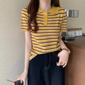 Striped Short Sleeve Polo Sweater Women Pointelle Knit Polo Shirt with Collar Buttons Crop Top Schoolgirl Preppy Style Summer