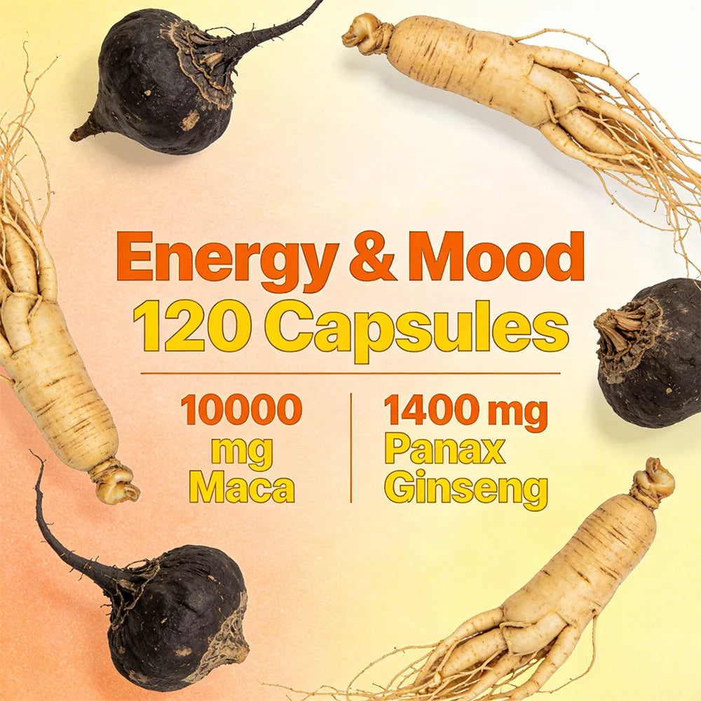 Maca Root Capsules 10000mg with Ginseng, Energy, Muscle, Mood,  Energy, Strength & Men's Health Support, Relieve Fatigue