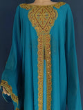 Party Dresses for Women Abaya Muslim Caftan 2 Piece Set Eid Flare Sleeves Robe Embroidered Gold Lace Dress Suit Jalabiya Ramadan