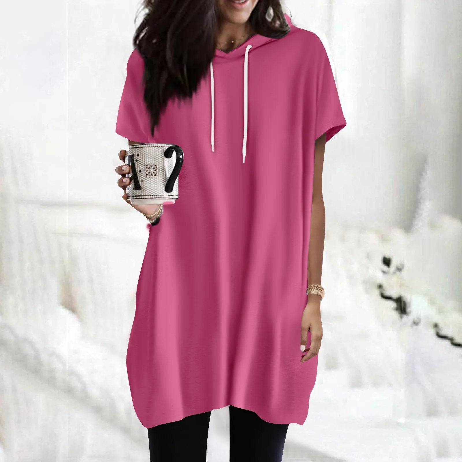 Hoodies Oversized Solid Color Daily Short Sleeve Long Shirts Fashionable Basics Minimalist Comfortable Top Or Dress With Pockets