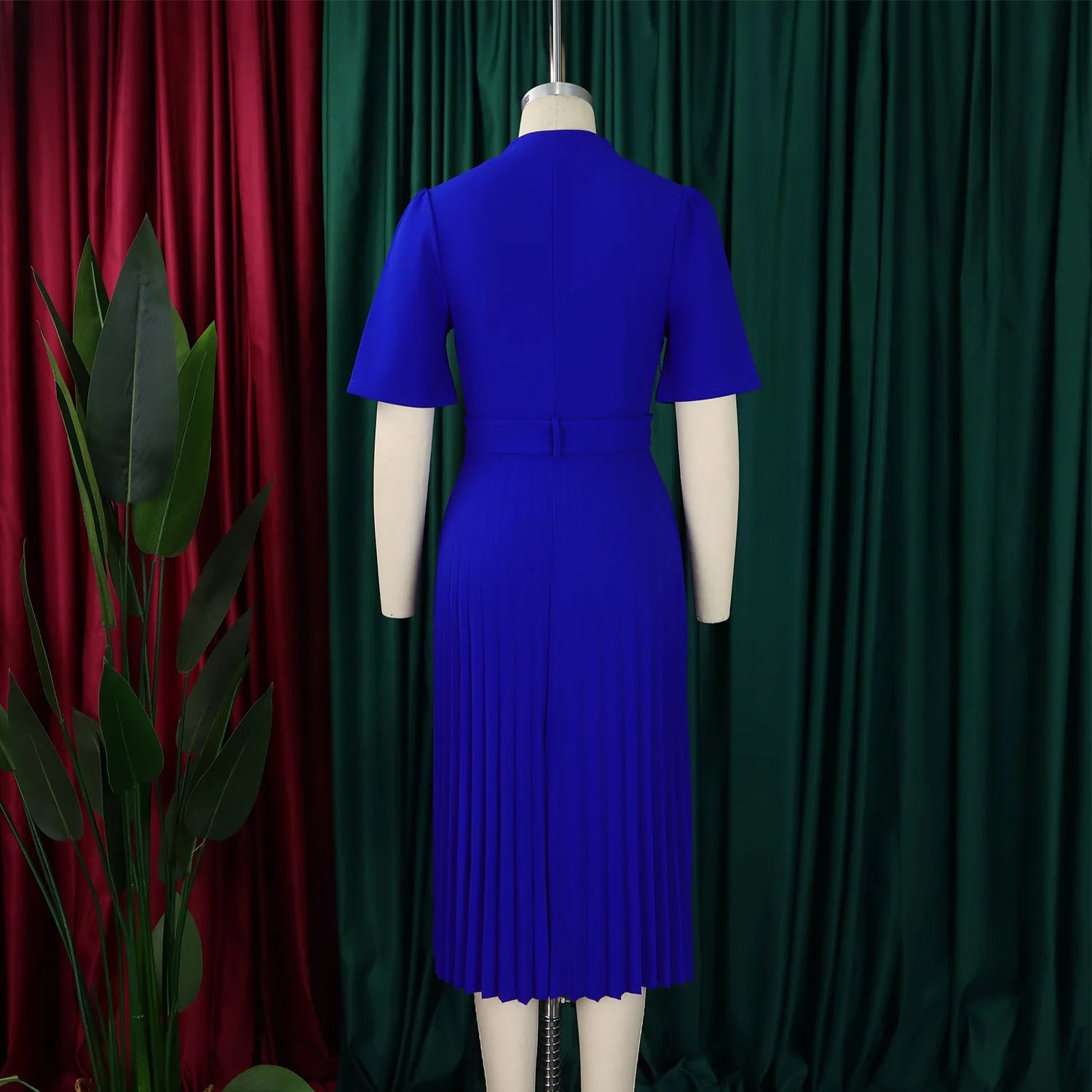 Fashion Ladies Birthday Party Dinner Night Dress New Elegant Pleated Dresses For Women V Neck Short Sleeve Belt Waisted Mid Calf