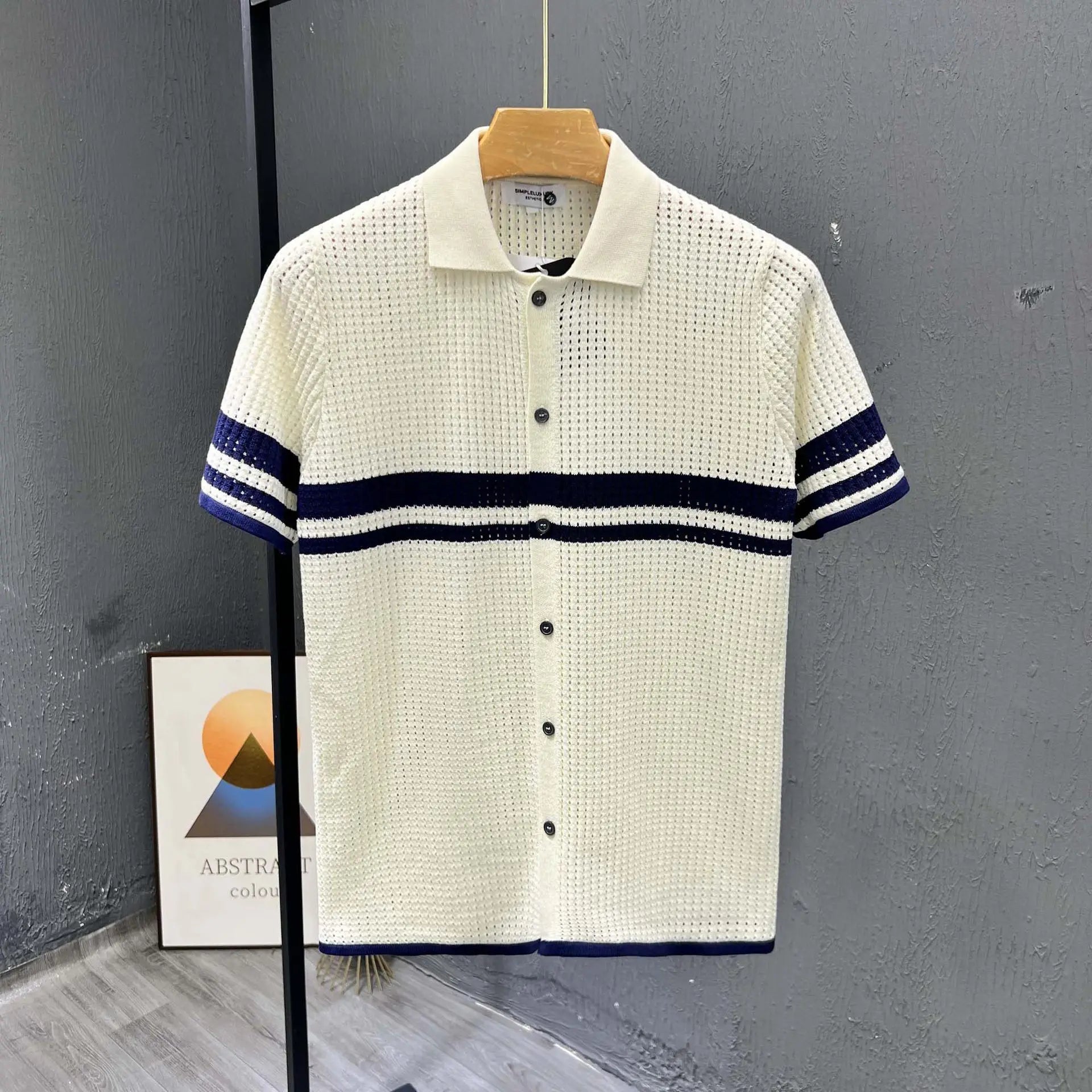 POLO Shirt Knitted Sweater Short-sleeved Men's Hollow Cardigan Striped Old Money Wind Casual T-shirt Summer Men Clothing