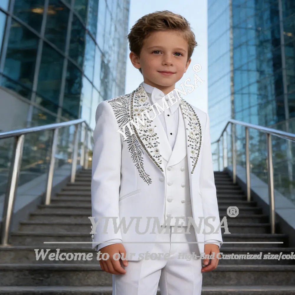 Handsome Boy Suit 3 Piece Sets Beads Pearls Prom Blazers Customized Children Formal Wear Tuxedos Kids Bithdaty Wedding Attires