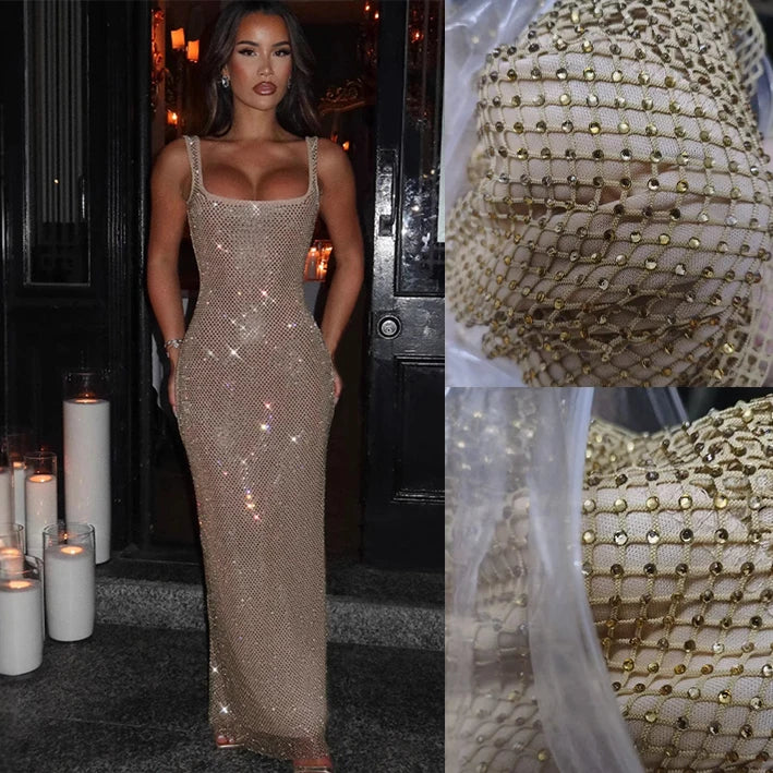 Giyu Sexy Sequined Mesh Diamond Club Evening Party Dresses Women 2025 Summer Autumn Sleeveless Backless Bodycon Maxi Long Dress