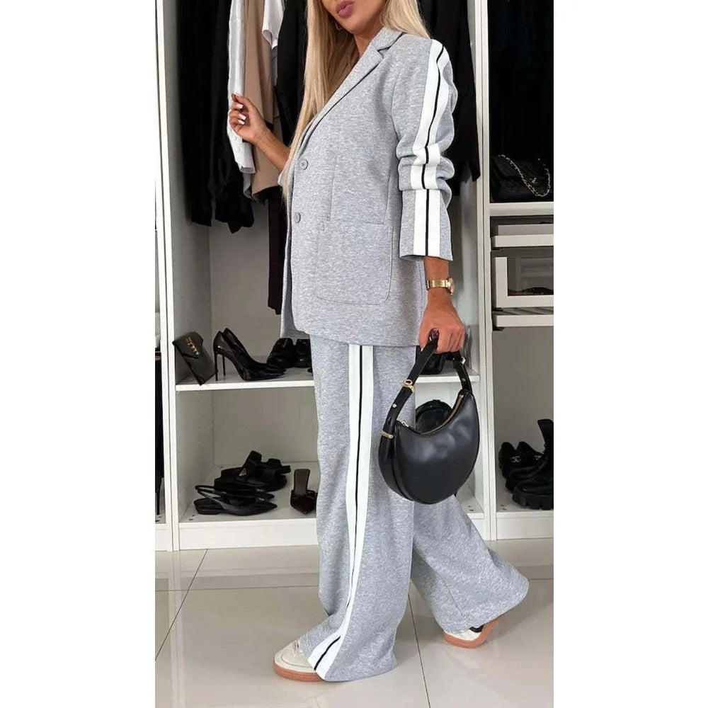 Women's Long Sleeve Blazer Suit Set - Autumn Winter Notch Casual Office Pantsuit for Business, Travel and Daily Wear