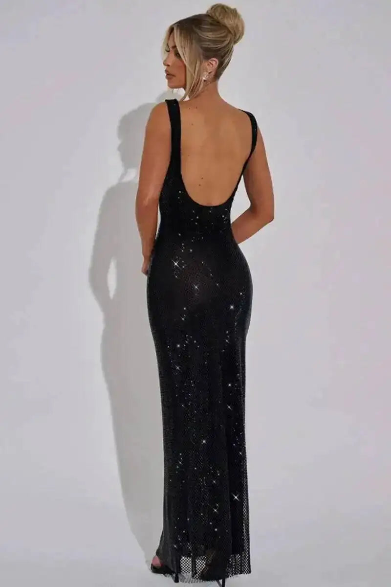Giyu Sexy Sequined Mesh Diamond Club Evening Party Dresses Women 2025 Summer Autumn Sleeveless Backless Bodycon Maxi Long Dress