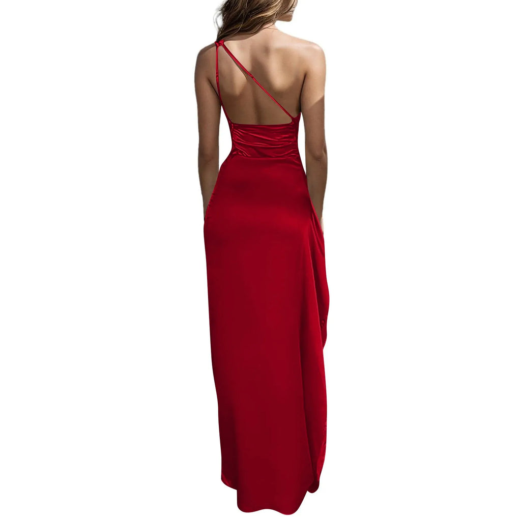 Ladies' High Split Pleated Cocktail Wedding Party Dress High-end Sexy Tight One Shoulder Satin Prom Dress Bridesmaid Clothes