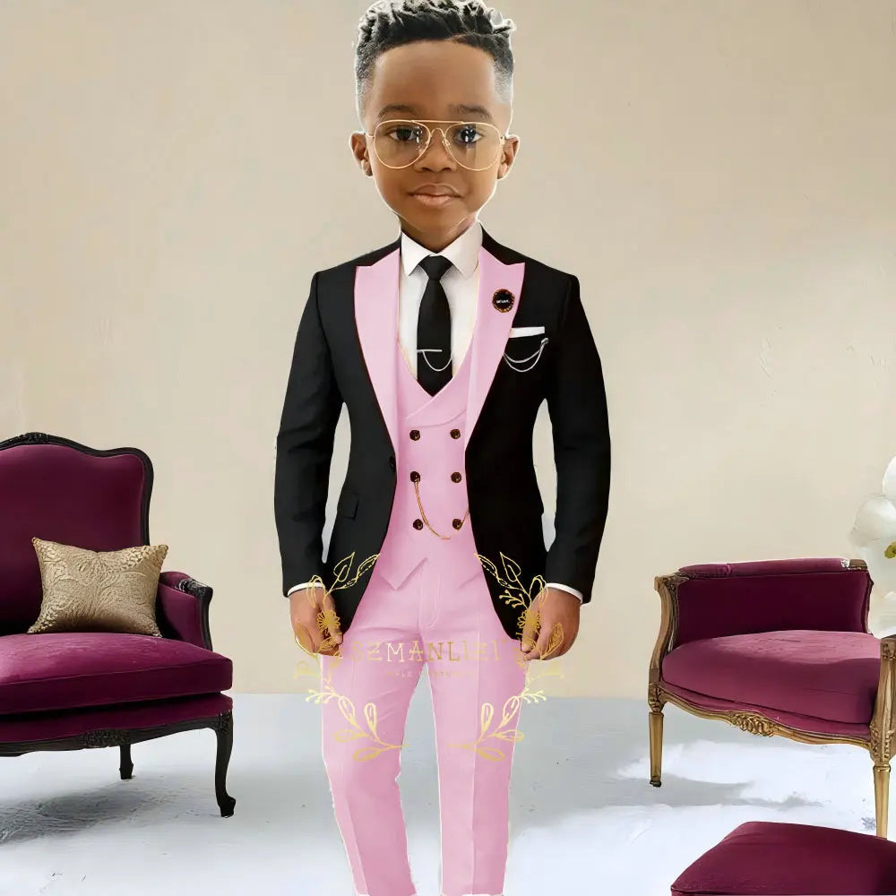 Boys Suit Wedding Tuxedo Black Jacket Beige Pants Vest 3 Pieces Set Kids 2-16 Years Old Child Formal Party Suits Clothes Blazer