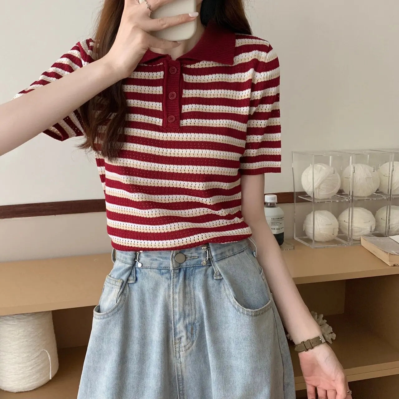 Striped Short Sleeve Polo Sweater Women Pointelle Knit Polo Shirt with Collar Buttons Crop Top Schoolgirl Preppy Style Summer