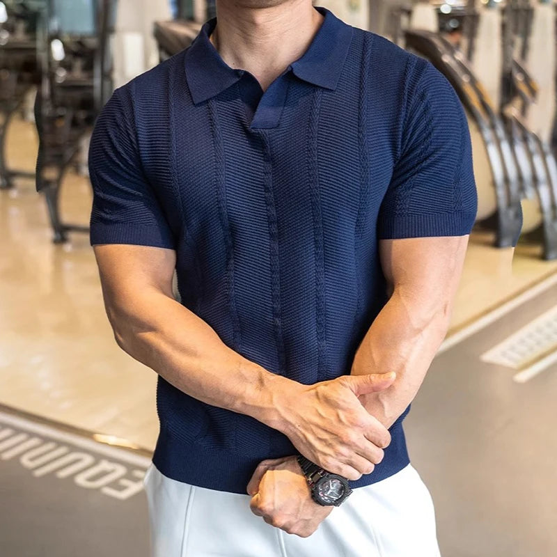 Men's Short Sleeved Knitted Polo Shirt Summer Business Lapel Stylish Solid Color Slim Fit Breathable Quick Drying Golf T-Shirt