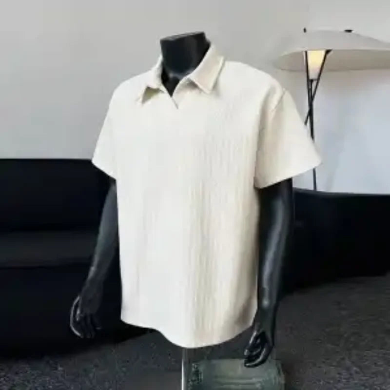 Men Short Sleeve Polo Shirt Herringbone Rib Knit Oversized Casual Top