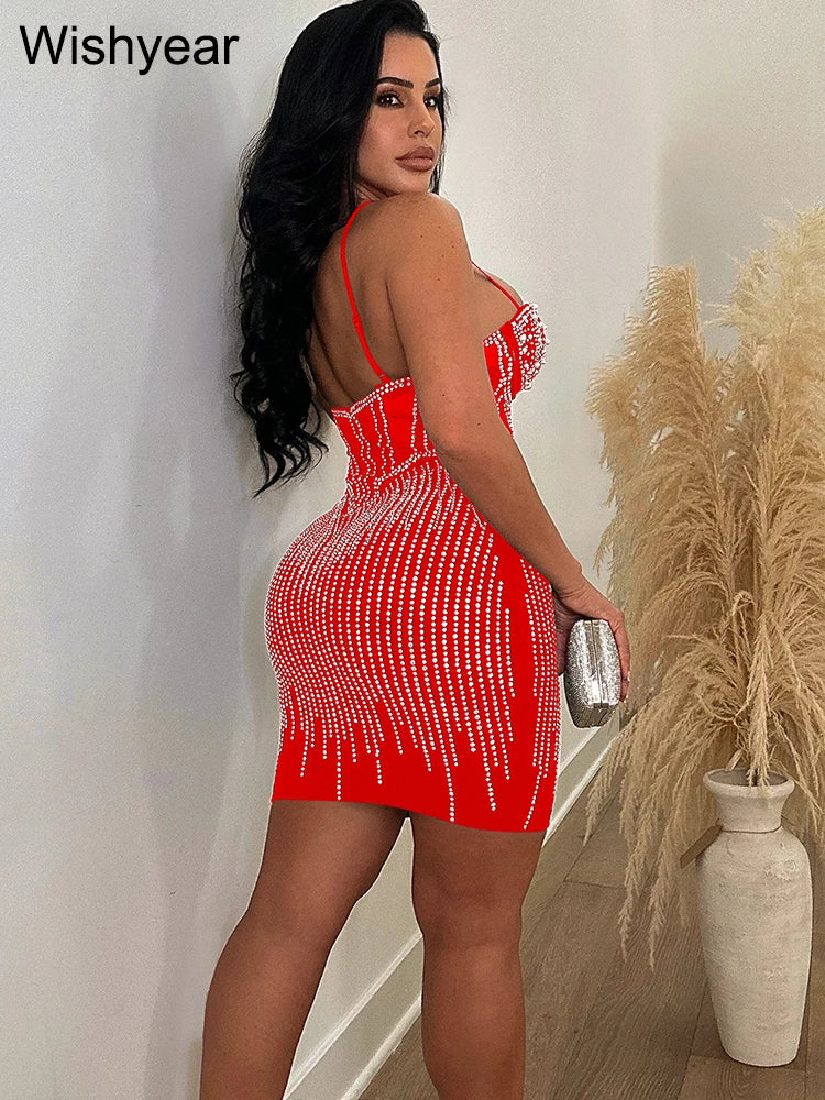 Elegant Evening Birthday Party Dresses for Women Halter Neck Mesh Patchwork Diamonds Rhinestones Prom Club Bodycon Midi Vestidos