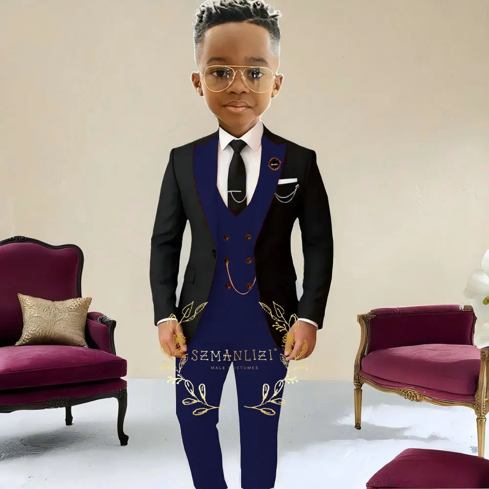 Boys Suit Wedding Tuxedo Black Jacket Beige Pants Vest 3 Pieces Set Kids 2-16 Years Old Child Formal Party Suits Clothes Blazer