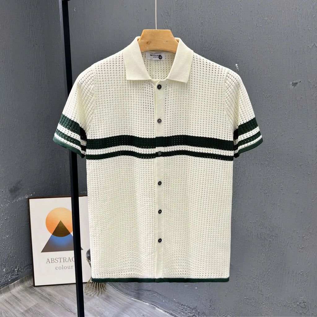 POLO Shirt Knitted Sweater Short-sleeved Men's Hollow Cardigan Striped Old Money Wind Casual T-shirt Summer Men Clothing