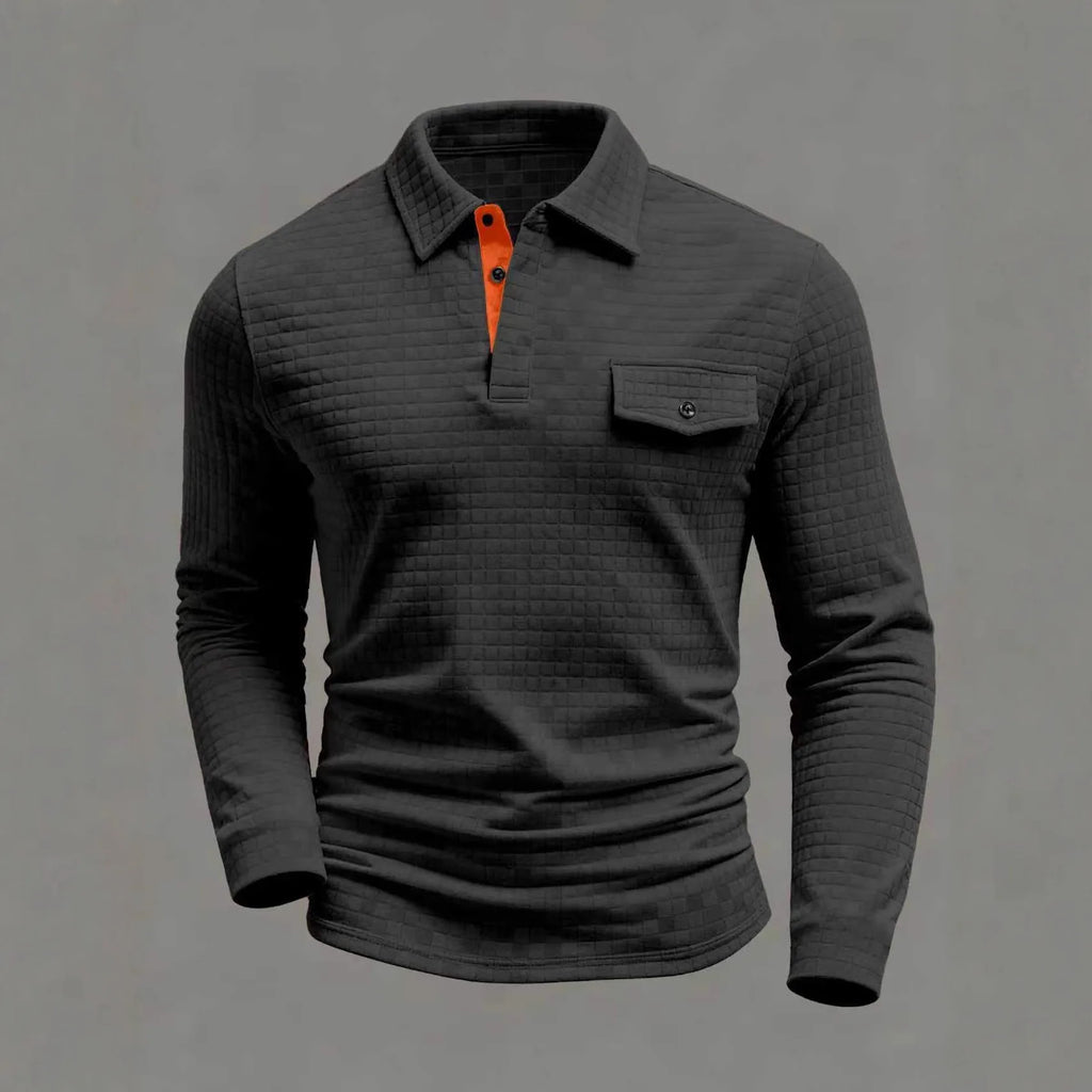 Spring Autumn Men's Classic Polo Shirt - Daily Casual Design with Chessboard Pattern Patch Pockets on the Collar and Long Sleeve