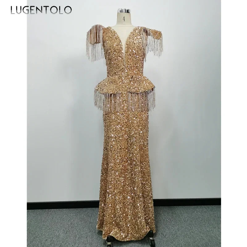 Party Dress Women Spring Autumn Sexy Tassel Sequin Sleeveless O-neck Slim Banquet Dinner Ladies Long Cloth Lugentolo