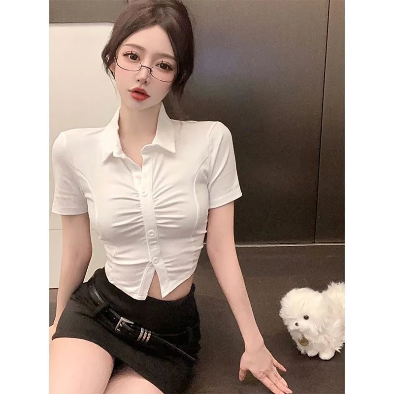 Women's Sexy Polo Shirt  Button Lapel Short Sleeve T-Shirt Summer Slim Waisted Neckline Tops Trendy Transparent Fashion Tops