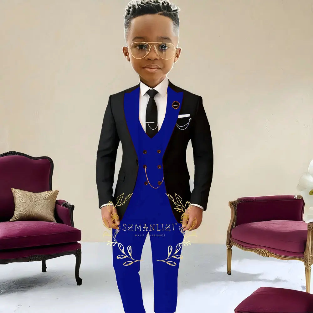 Boys Suit Wedding Tuxedo Black Jacket Beige Pants Vest 3 Pieces Set Kids 2-16 Years Old Child Formal Party Suits Clothes Blazer