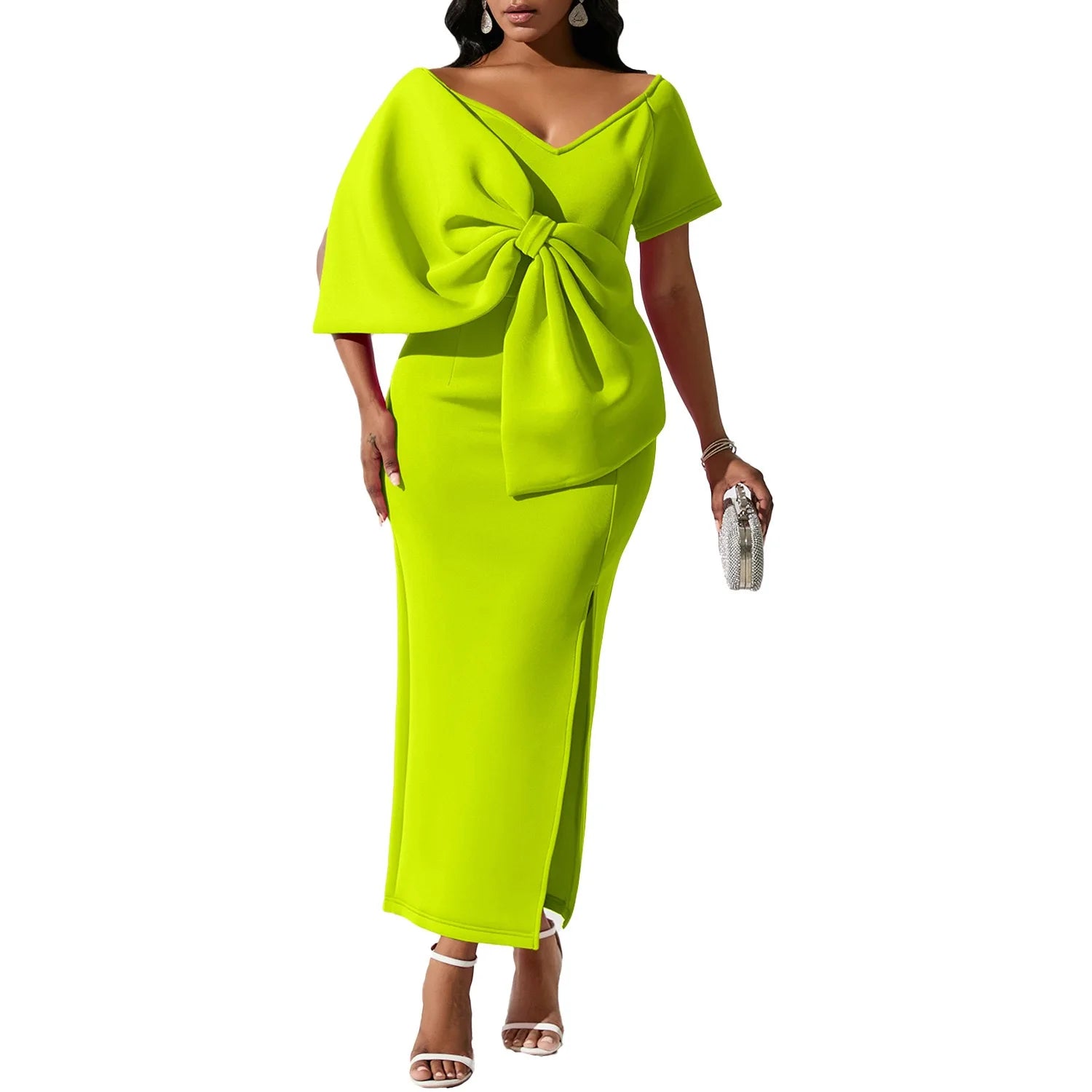 Elegant Party Dresses for Woman 2024 New V Neck Short Sleeve Big Bow Decorate Sheath Side Split Ankle Length Luxury Party Dress