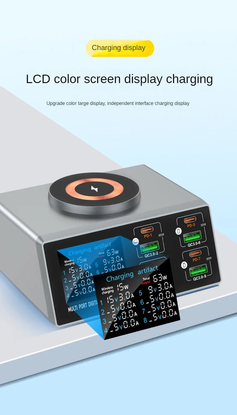 140W Multi-Port Charger with Digital Display, PD+QC, and Desktop Magnetic Wireless Charging for Phones and Laptops