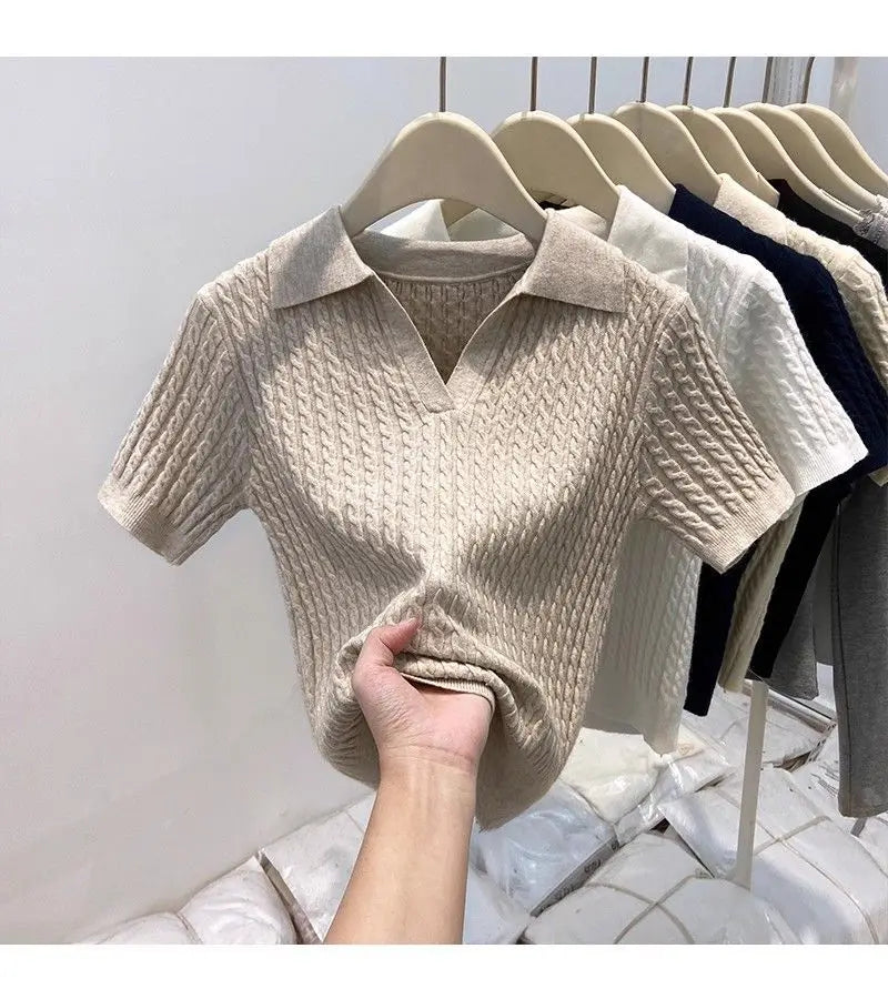 Polo Neck Knit Sweater Women Short Sleeve T-shirt High-end Slim Korean Chic High-end Tops Patchwork Women Clothing Thin Pullover