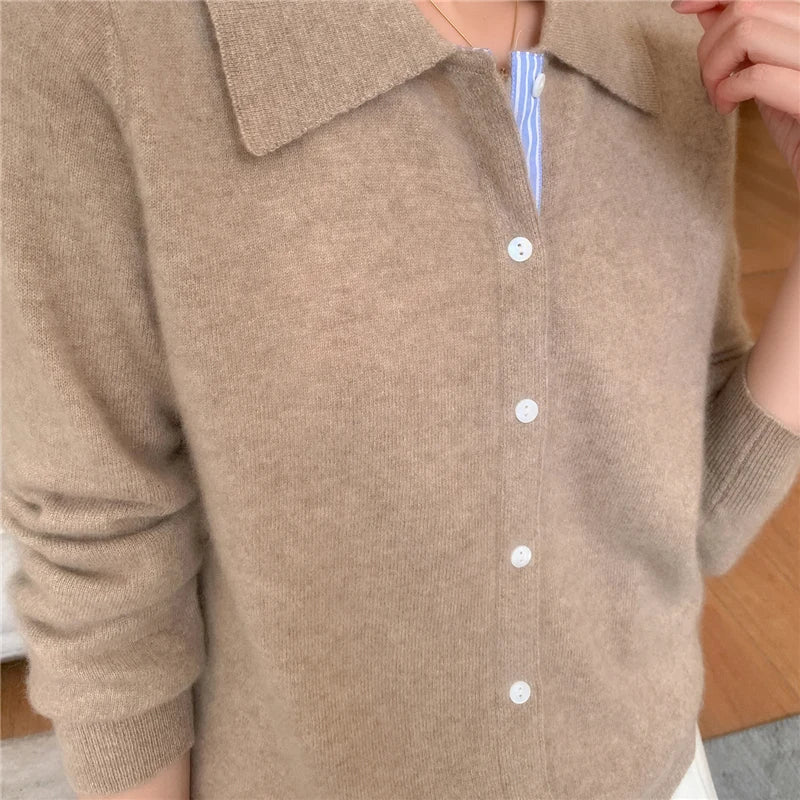 Women's Polo Collar Shirt Cardigan Merino Wool Sweater Long-sleeve Color Bar Clothing Spring Autumn Warm Knitwear Female Top