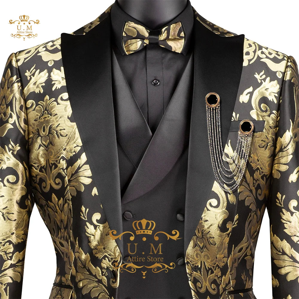 Luxury Jacquard Boys Suit 3pcs Set Black Gold Blazer Waistcoat Pants Tailored Fit for Wedding Pageboy Prom Party Kids Tuxedo