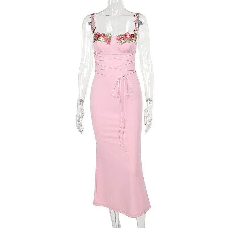 Y2K Sexy Sleeveless Backless Floral Maxi Long Dresses Outfits for Women Summer Lace Up Bandage Bodycon Party Club Dress Gift
