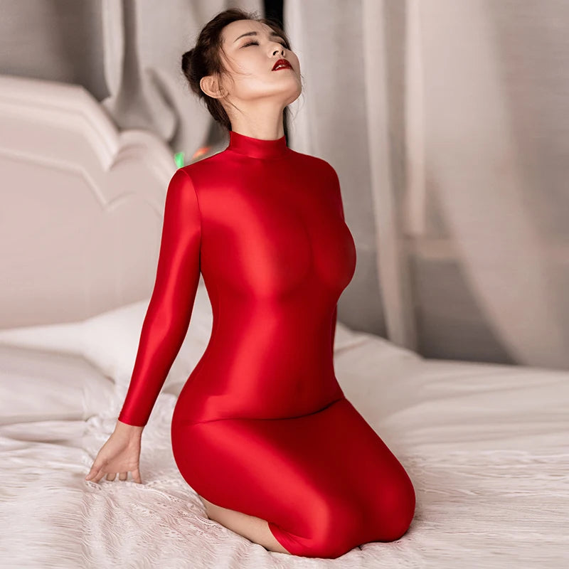 Summer Sexy Dress Women Bodycon Dress Glossy Sheer See Through Shiny Silk Smooth Tight Long Sleeves White Dress Red Plus Size