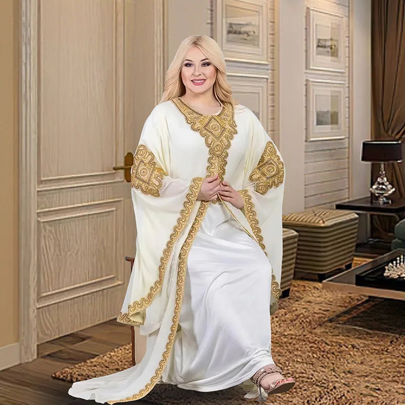 Party Dresses for Women Abaya Muslim Caftan 2 Piece Set Eid Flare Sleeves Robe Embroidered Gold Lace Dress Suit Jalabiya Ramadan