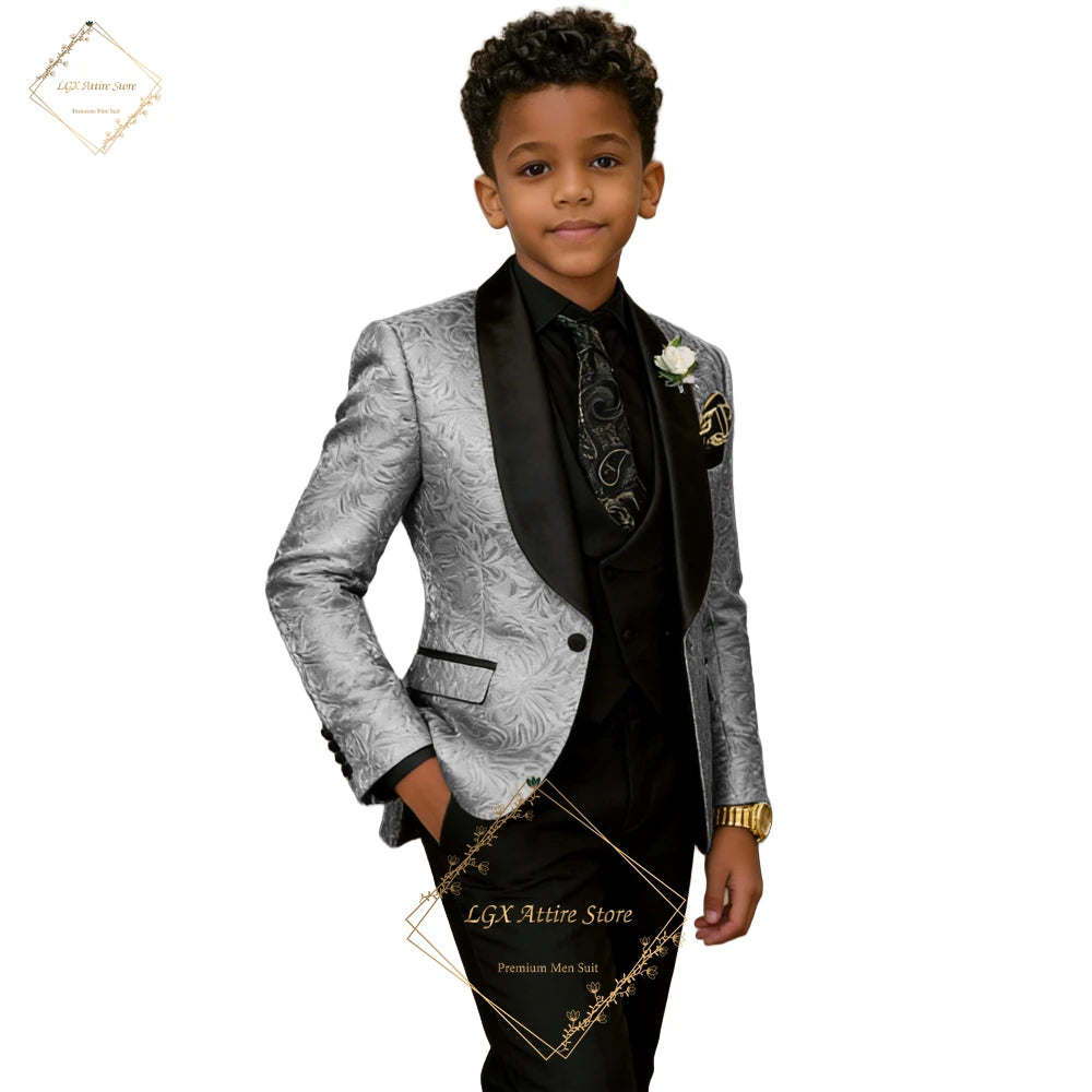 Boys' 3-Piece Suit – Champagne Jacquard Blazer with Black Shawl Lapel, Black Waistcoat & Trousers for Weddings & Events