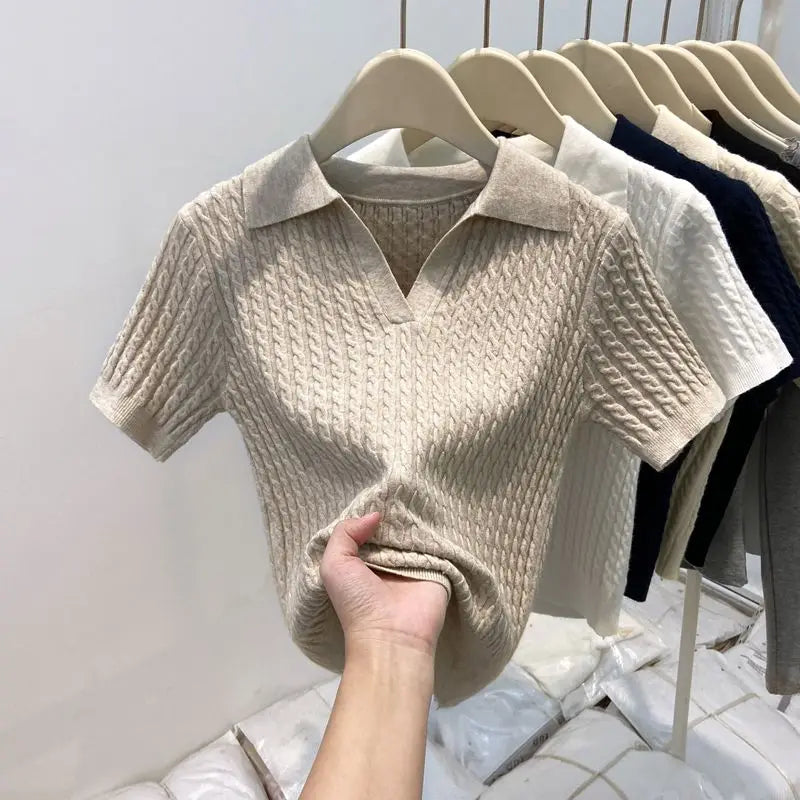 Polo Neck Knit Sweater Women Short Sleeve T-shirt High-end Slim Korean Chic High-end Tops Patchwork Women Clothing Thin Pullover