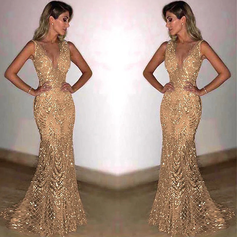 Shiny Sequin V Neck Maxi Dresses Women Elegant Slimming Backless Short Sleeved Long Dress Lady Gold Silver Party Evening Robes