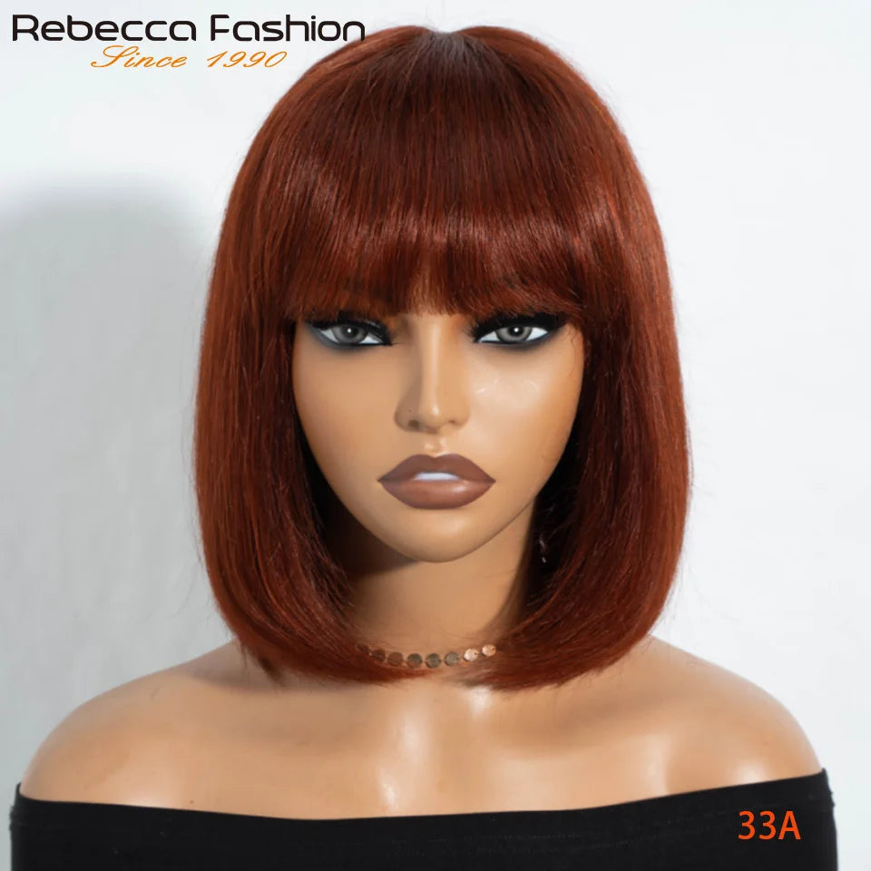 Brazilian Hair Reddish Brown color#33A Short Cut Straight Bob with Bangs 100% Human Hair Bob Wigs Real Scalp Straight Bob Wig