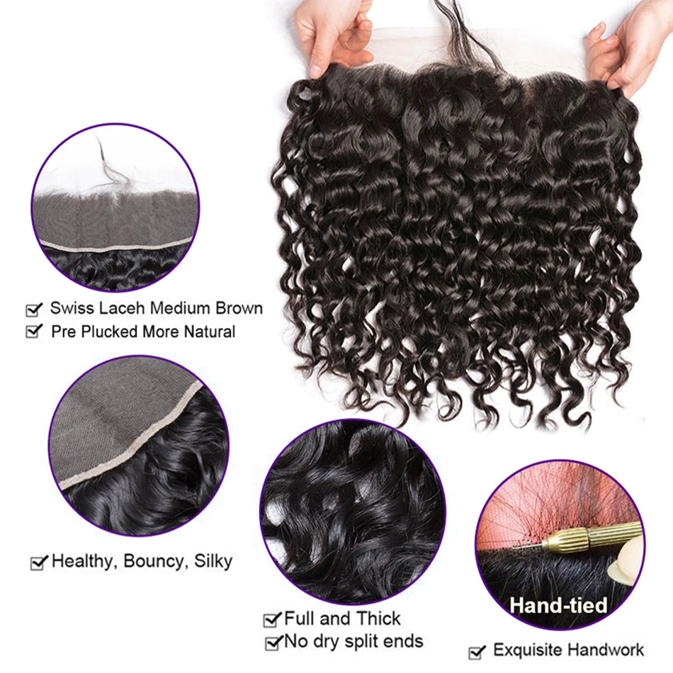 15A Brazilian Virgin Human Hair Kinky Curly Bundles With Frontal Ocean Water Wave Bundles With Frontal Bundles With Lace Closure