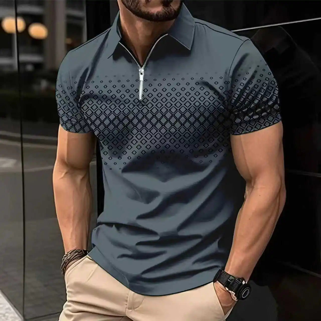 Men'S Polo Shirt Plaid Print Zip Polo T-Shirt Summer Short Sleeve Daily Casual Golf Shirt High Quality Tops Fashion Men Clothing