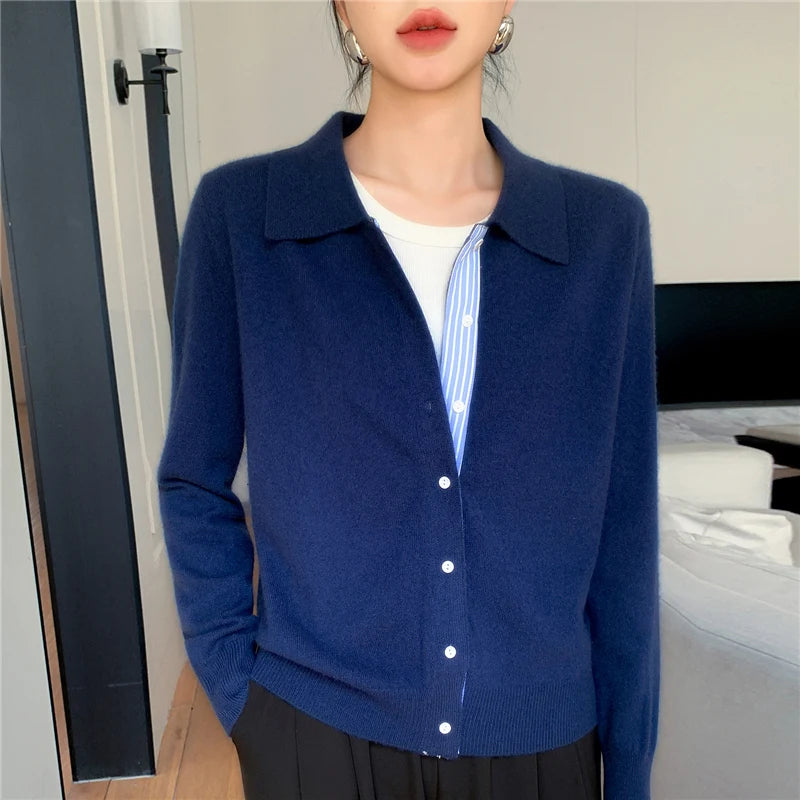 Women's Polo Collar Shirt Cardigan Merino Wool Sweater Long-sleeve Color Bar Clothing Spring Autumn Warm Knitwear Female Top