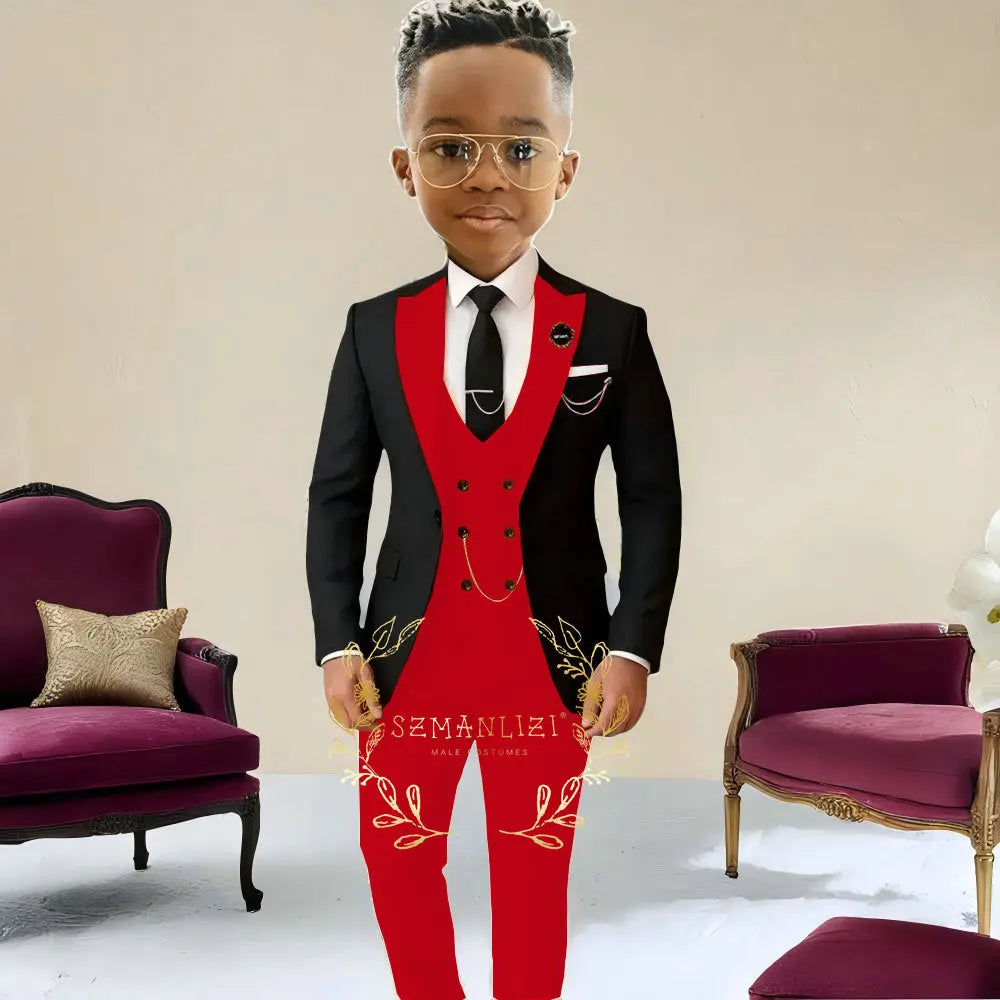 Boys Suit Wedding Tuxedo Black Jacket Beige Pants Vest 3 Pieces Set Kids 2-16 Years Old Child Formal Party Suits Clothes Blazer