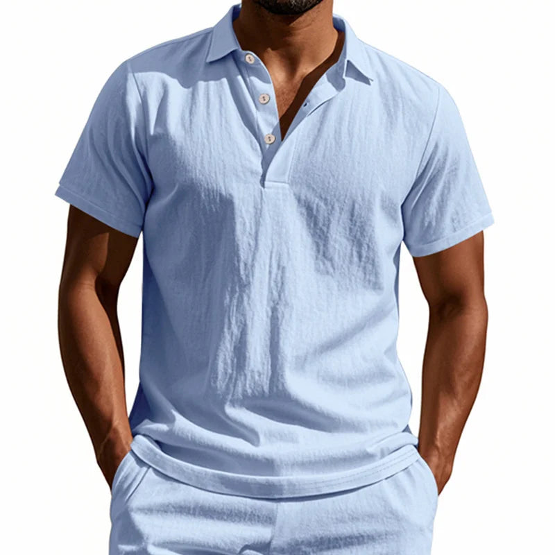 High-Quality Cotton Linen Short-Sleeved POLO Shirt Men Casual Loose Comfortable Shirt summer tees Button turn-down collar tops