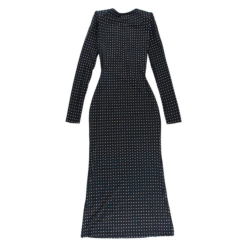 Autumn Winter Sequins Hollow Out Sexy Party Club Maxi Dress Outfits for Women Mesh Long Sleeve Lace Up Bodycon Dresses Vestido