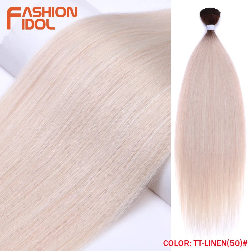 FASHION IDOL Bone Straight Hair Extensions Ombre Blonde Hair Bundles Super Long Hair Synthetic 24 Inch Straight Hair Full to End