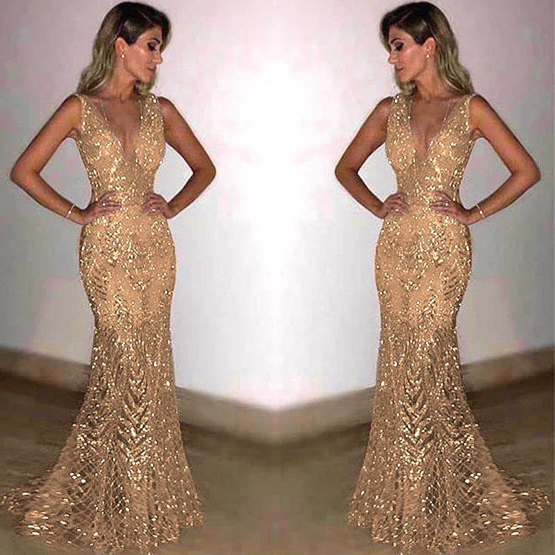 Shiny Sequin V Neck Maxi Dresses Women Elegant Slimming Backless Short Sleeved Long Dress Lady Gold Silver Party Evening Robes