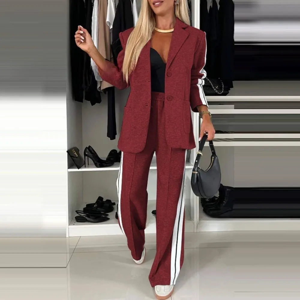 Women's Long Sleeve Blazer Suit Set - Autumn Winter Notch Casual Office Pantsuit for Business, Travel and Daily Wear