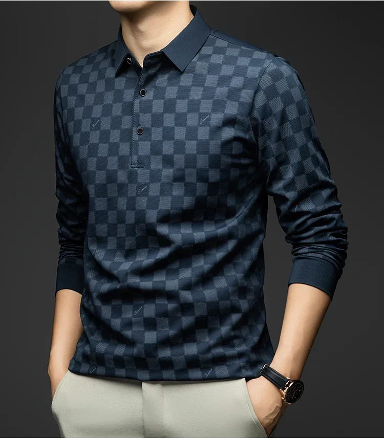 Polo Shirts for Man Autumn Business Slim Fit Long Sleeve T Shirt Men New Casual Loose Pullover Plaid Men Tops & Tees