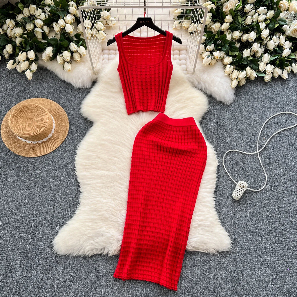 Summer Women Fashion Skirt Set Sexy Sleeveless Tank Tops High Waist Slim Long Saya Female Two Piece Suits Knit Solid Clothes